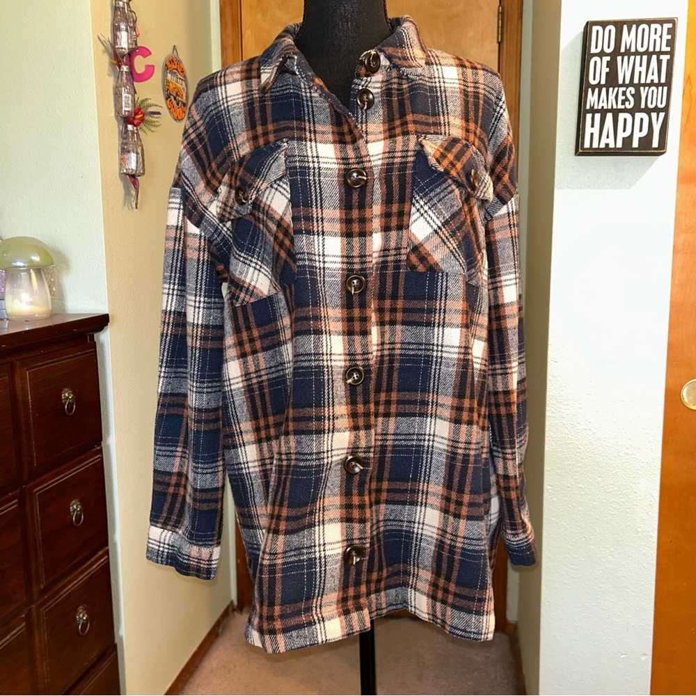 Sadie & Sage Plaid Button Down Shirt - Navy, White, and Brown